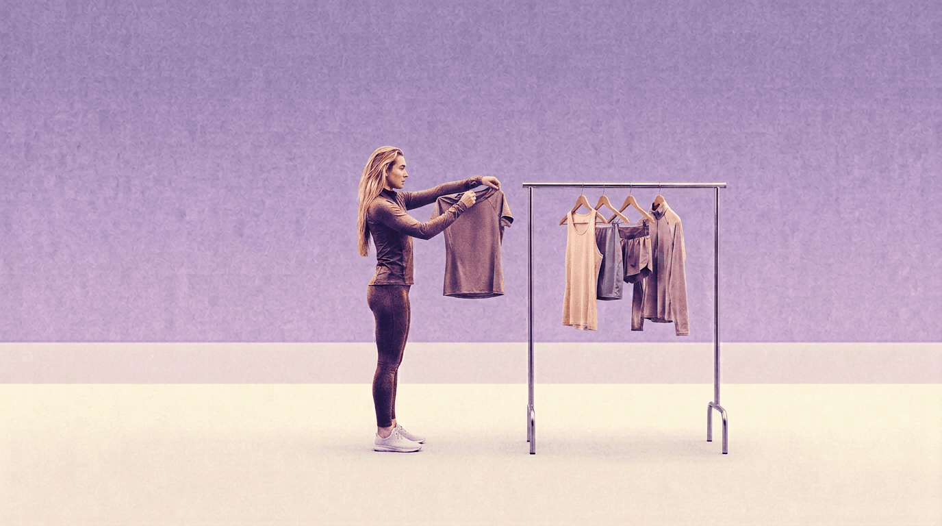 Founder inspecting a technical running shirt at a clothes rack.